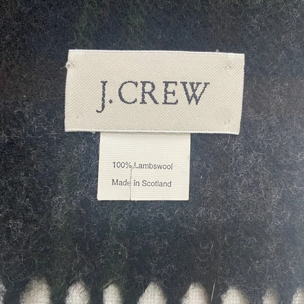 J. Crew large lambswool tartan plaid fringed scarf unisex dark